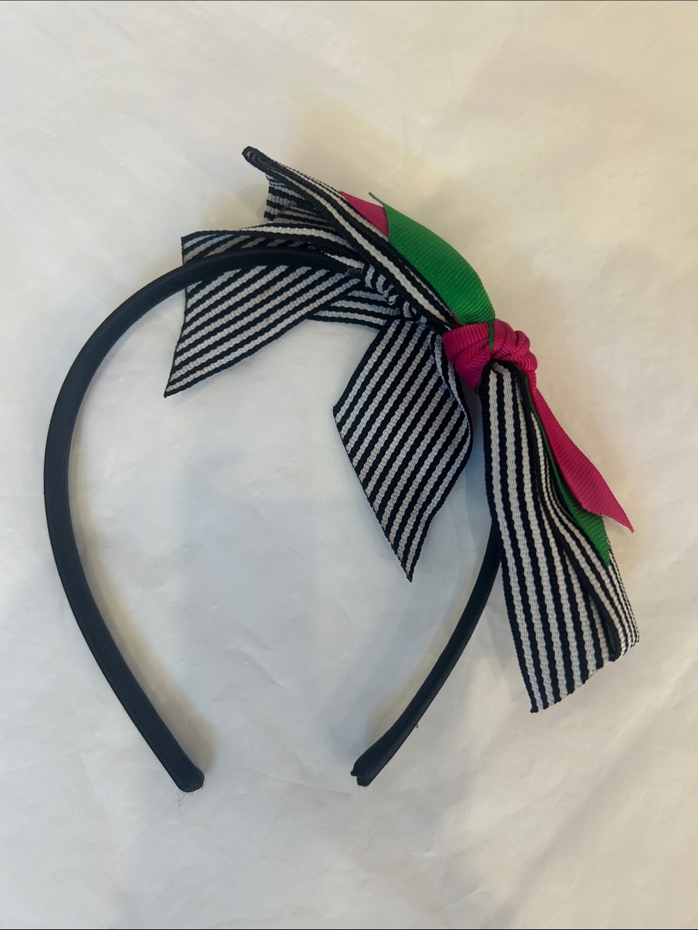 Gymboree Black Headband with Striped Bow and Pink & Green Ribbon